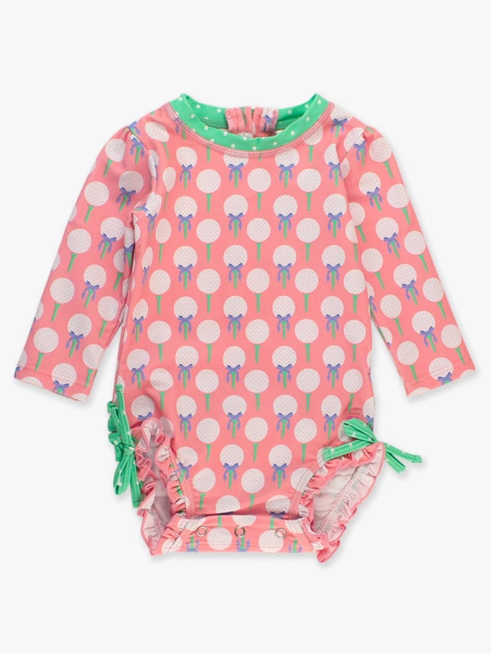 RuffleButts Tee Time Long Sleeve One Piece Rash Guard Swimsuit 3-6 mo pink golf